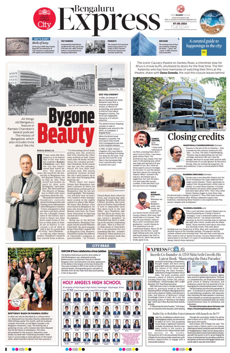 Check out today's edition of #CityExpress! Explore Bengaluru's past with @ramjeechandran in our exclusive podcast interview. Plus, discover reactions from the film community following the shutdown of the iconic #CauveryTheatre 🎨: Arun Kumar 📸: @ShashidharNIE