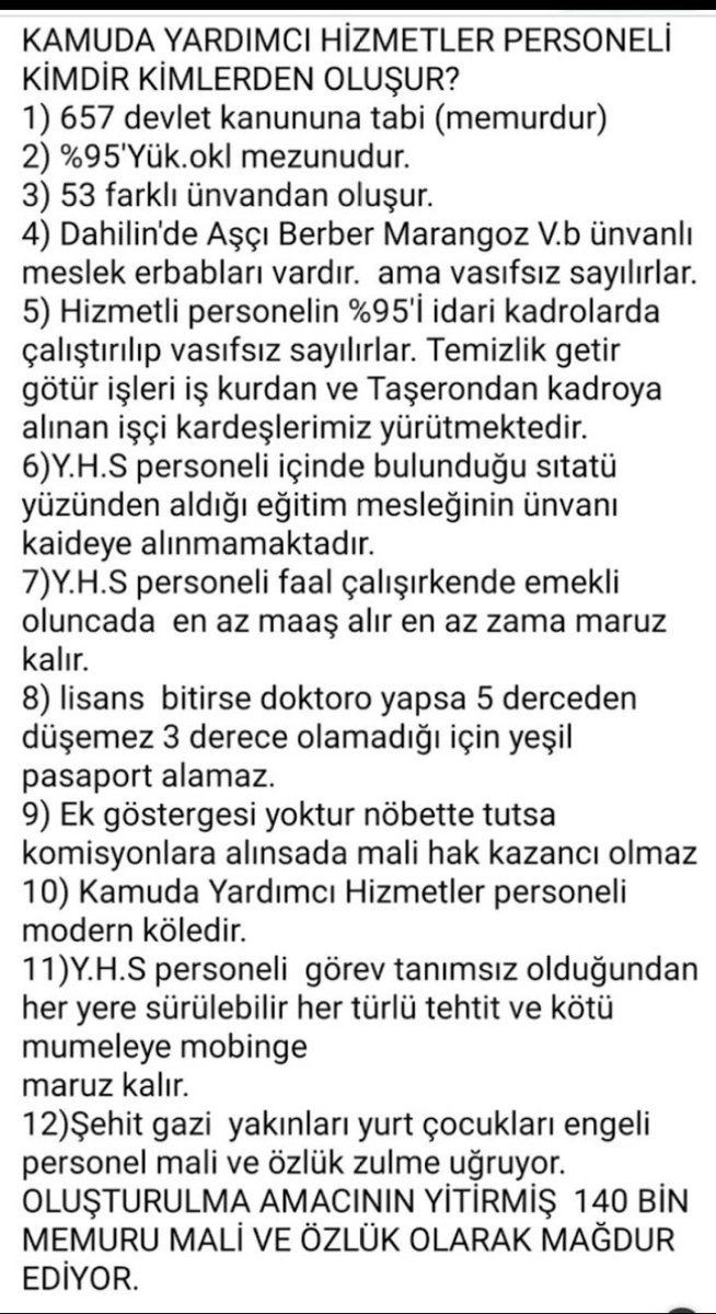 #YardımcıHizmetlerSınıfı persnli olarak ayrıcalık istemiyoruz 657 taabi Dev.memuruyuz eğitimlerimiz ve mesleklerimize Karşılık gelen Teknik Hizmet /Genel İdari Statülere alınıp diğer memur statülerle eşit Maali ve özlük haklarımızı istiyoruz Syn Bakanım @isikhanvedat @Akparti