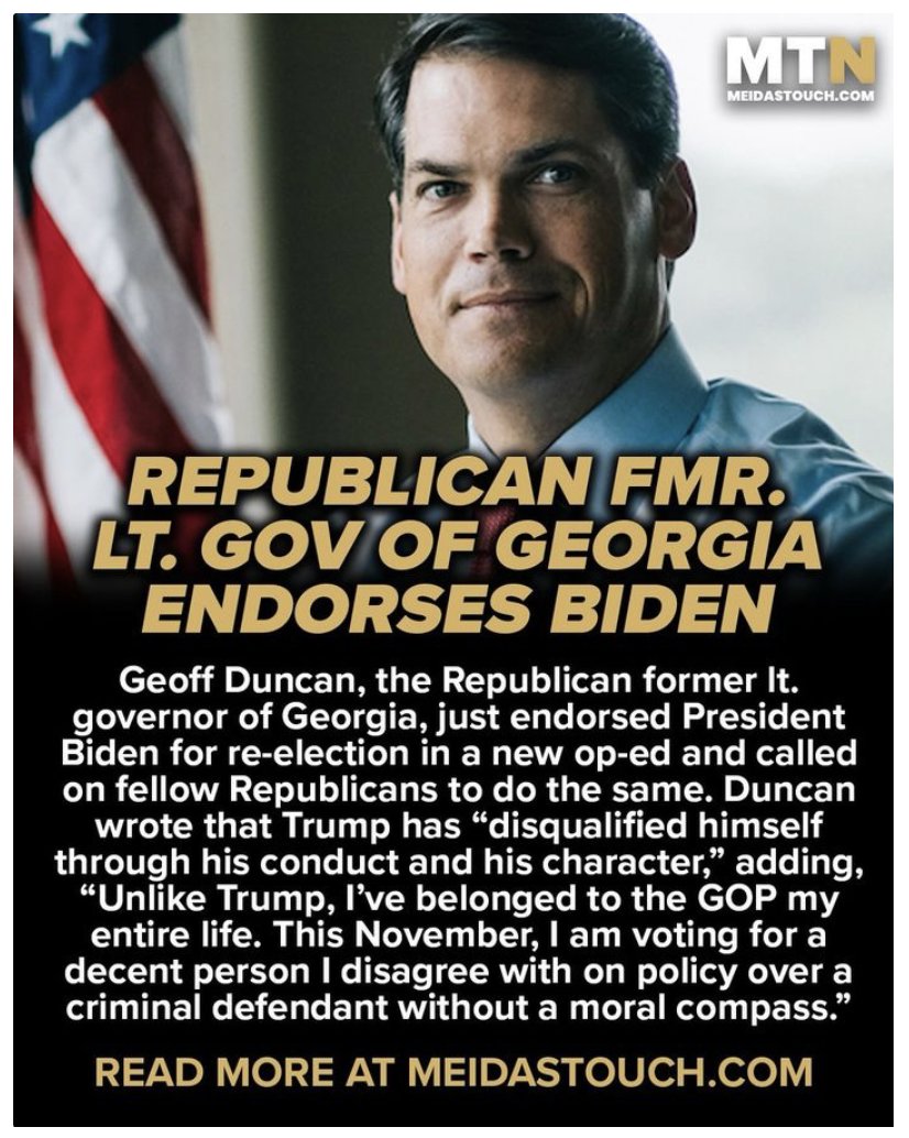 'I am voting for a decent person I disagree with on policy over a criminal defendant without a moral compass.' - Former Georgia Republican Lt. Governor Geoff Duncan Read more here: bit.ly/44AI1WL #VoteBiden2024