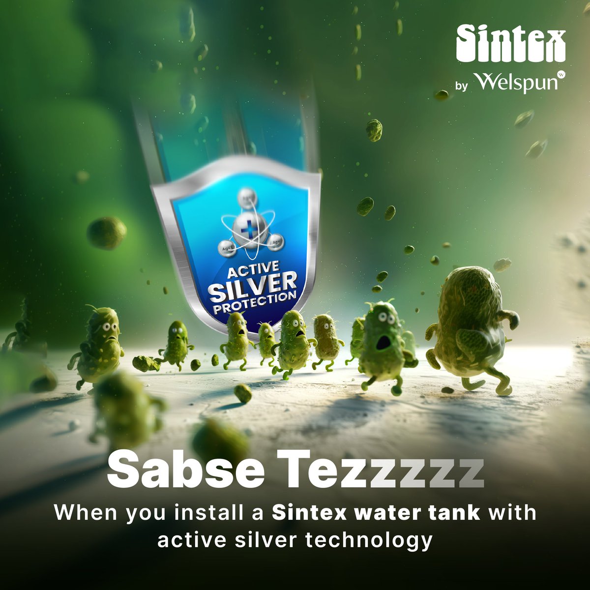 Jab ghar mein Sintex lag jata hai, har bacteria athlete ban jata hai! 🏃‍♂️ Sintex's 4P Protection and active silver technology work together to protect you from bacteria, algae, fungi, and viruses! Head to sintexonline.com to know more. #Sintex #Welspun #UpgradedWarranty