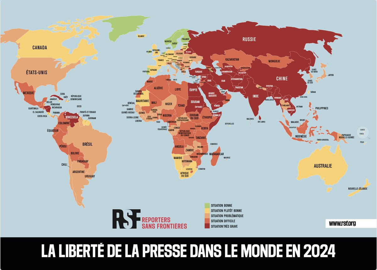 #LibertédelaPresse: nouveau classement 2024🌍de @RSF_inter 
Intéressant en #Afrique: Mauritanie↗️de 53 (!) places et devient 1er sur le continent. Le Burkina↘️de 28 places.

RSF dénonce les pressions politiques, surtout en périodes électorales, sur les journalistes en #Afrique.