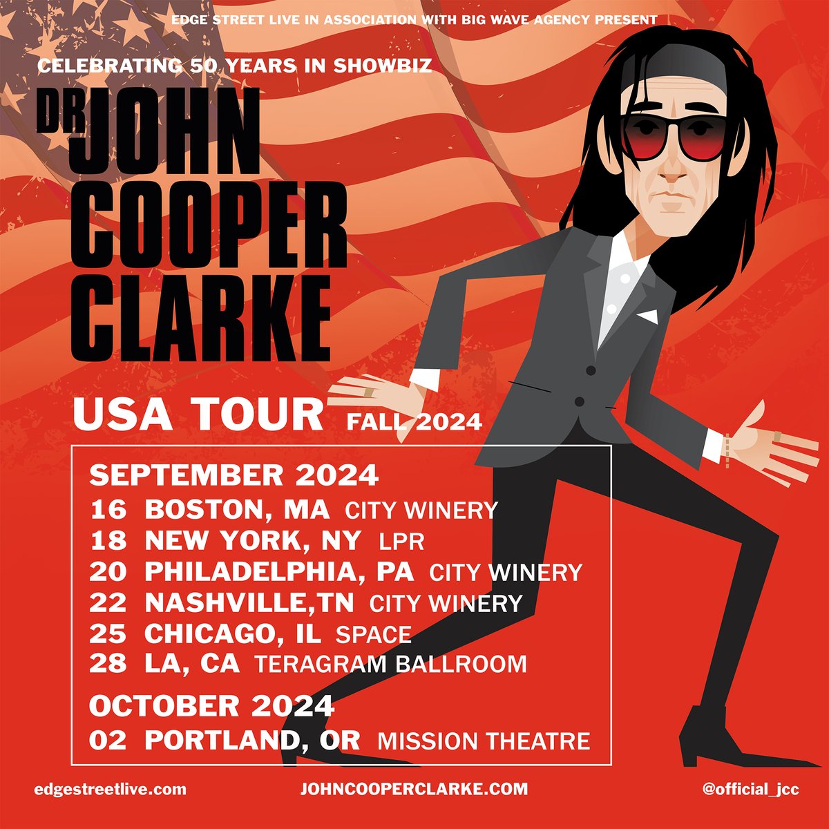 Doctor John Cooper Clarke is coming to America🎙🇺🇸 @official_jcc is heading back to the U.S. of A. this Autumn with seven very special shows spanning from Boston to Oregon and NYC to LA Grab some tickets via the 🔗 below - you don’t wanna miss this 🎟 edgestreetlive.com/dr-john-cooper…