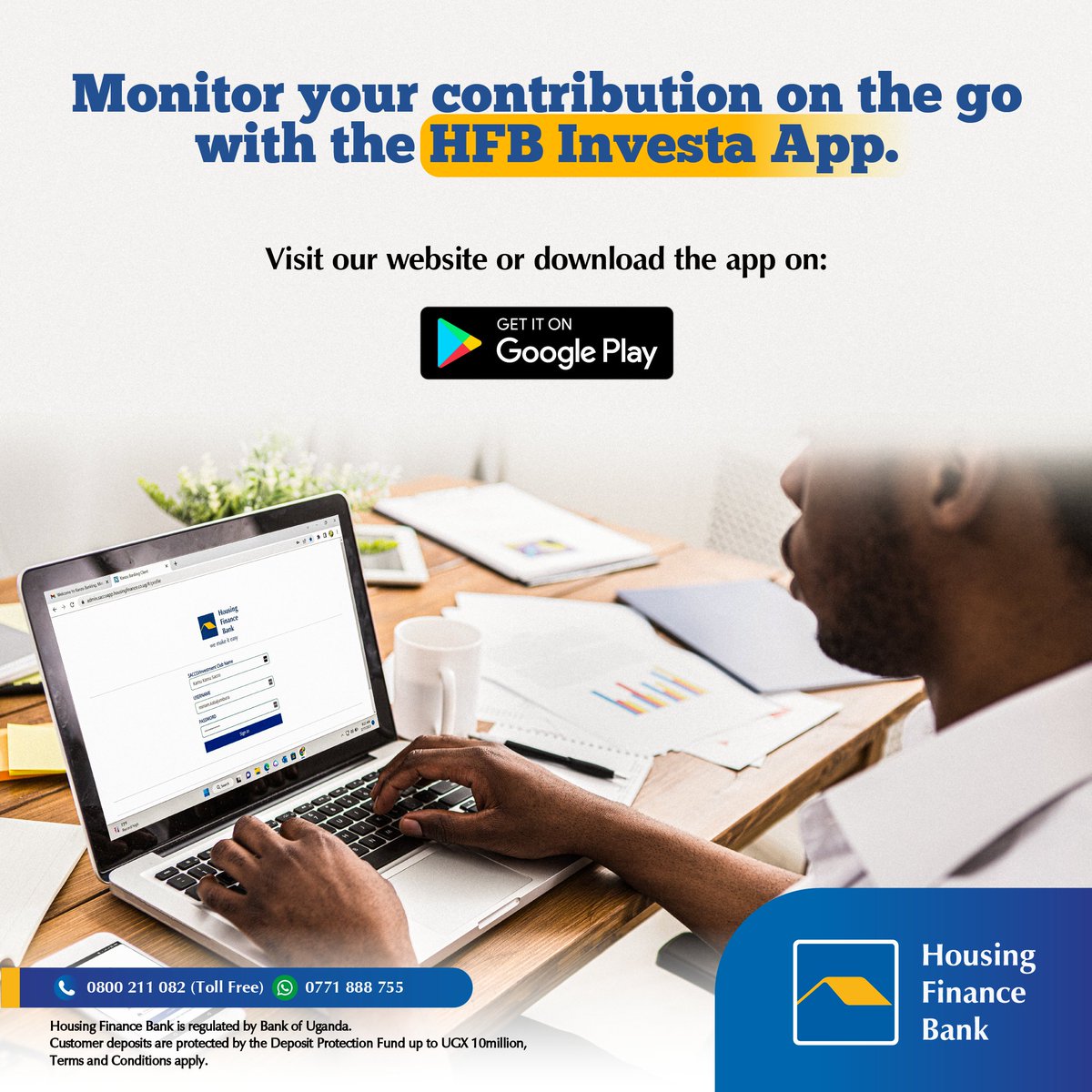 #AD
Whether your overseas or out on a vacation, you can now keep a keen track off all your investment group was contributions seamless via #HFBInvestaApp or visit user.saccoapp.housingfinance.co.ug

#WeMakeItEasy