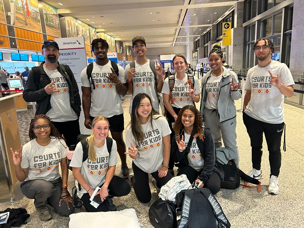 And we're off...! Our 7th international service trip with Courts for Kids is underway. Can't wait to see what these student-athletes and staff accomplish as a group as they live, learn, and lead in Costa Rica!🤘 #HookEm | @CourtsForKids