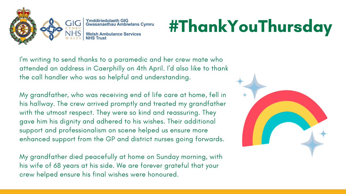In today's #ThankYouThursday a family share their gratitude and thanks for the Emergency Medical Crew @WelshAmbulance who helped ensure their grandfather's final wishes were honoured. @DyingMatters #DyingMattersAwarenessWeek #DMAW24
