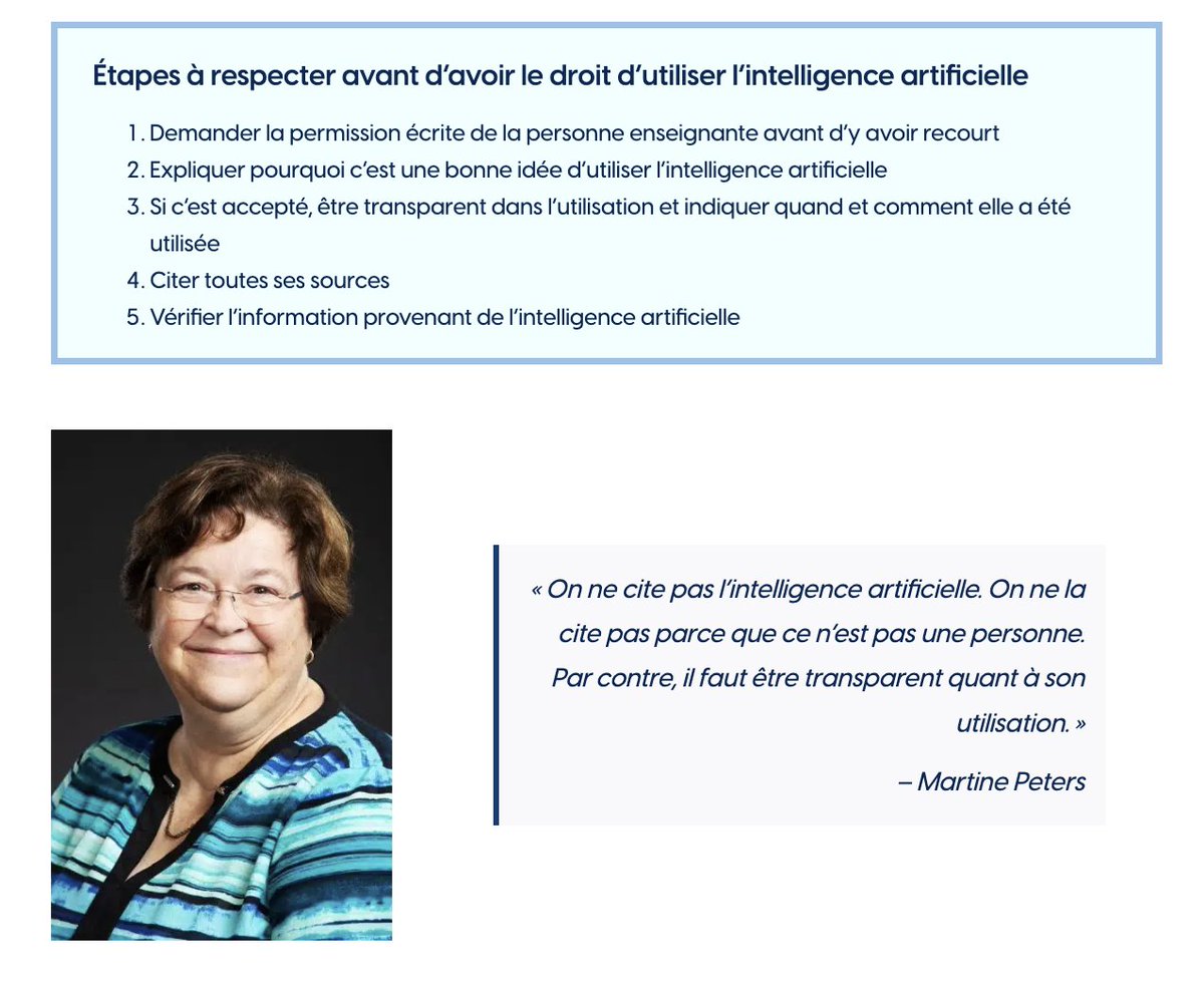 Carrefour | Innovation et pédagogie universitaire (@carrefour_uqam) on Twitter photo IA pour… intégrité académique
enseigner.hec.ca/ia-pour-integr…
Pour Martine Peters, la clé pour être à l’aise avec l’IA, c’est la transparence. Cela commence par un message clair au tout début du trimestre dans le plan de cours.
par Les articles de la DAIP <a href="/HEC_Montreal/">HEC Montréal</a> IA pour… intégrité académique
enseigner.hec.ca/ia-pour-integr…
Pour Martine Peters, la clé pour être à l’aise avec l’IA, c’est la transparence. Cela commence par un message clair au tout début du trimestre dans le plan de cours.
par Les articles de la DAIP <a href="/HEC_Montreal/">HEC Montréal</a>