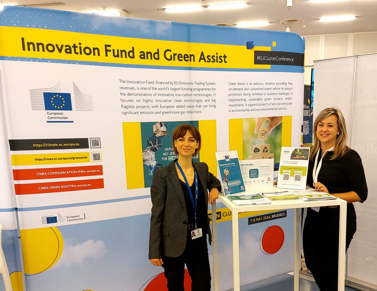 Are you attending the #EUClusterConference in Brussels? Pass by our stand to say Hello and know more about #GreenAssist and the #InnovationFund! We will be here today & tomorrow, happy to explain how these initiatives can support your project! #EUGreenDeal