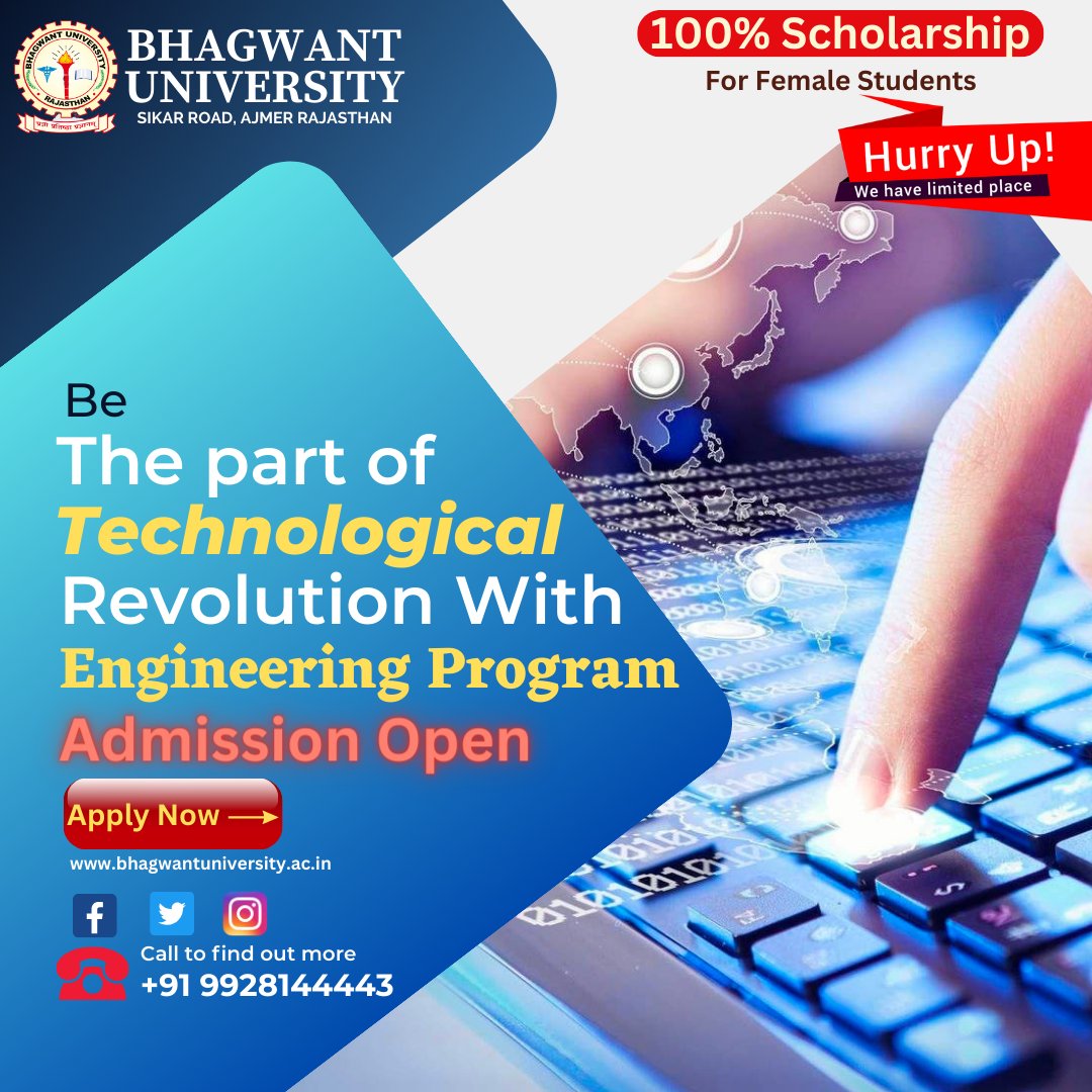 Apply for admission as soon as possible. Limited Seats Available. Scholarship for female students in engineering admission.
#bhagwantuniversity #bhagwantuniversityajmer #indianeducation #engineering #careeropportunities #education #scholarship #scholarshipopportunities