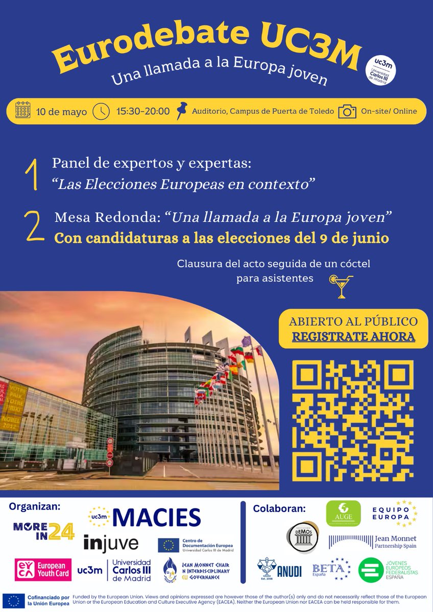 🇪🇺🎙️ Os invitamos al 'Eurodebate' que tendrá lugar el día 10 de mayo de 13:30 a 20.00 horas en el Auditorio Campus de Puerta de Toledo de la @uc3m de Madrid. En él participarán candidatos a las elecciones del Parlamento Europeo @Europarl_ES del 9 de junio. 🗳️ ¡No os perdáis esta…