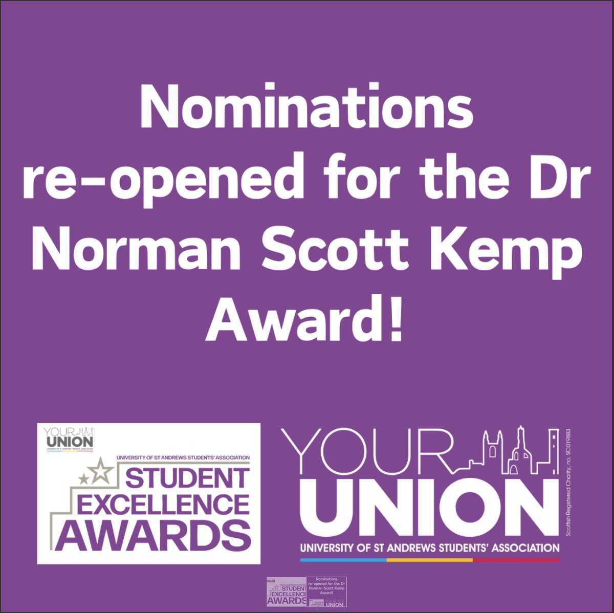 The Dr. Norman Scott Kemp Award is open until May 10th. The award is given to one student every year who makes an outstanding and exceptional contribution to PG student representation, activities or communities during their time at St Andrews. Link: ow.ly/yLBw50Ryh6I