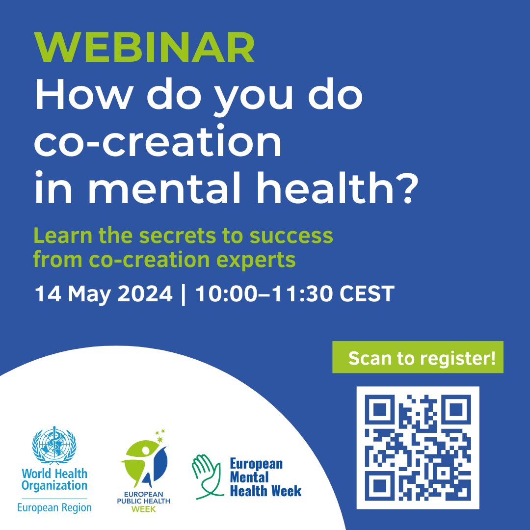 Any public #MentalHealth programme, policy or service should be 🤝co-created with people living with #MentalHealth conditions. Join us on 14 May for insights into how it's done and the challenges you might encounter. Register here now: bit.ly/3WwxSs5 @EUPHActs #EUPHW