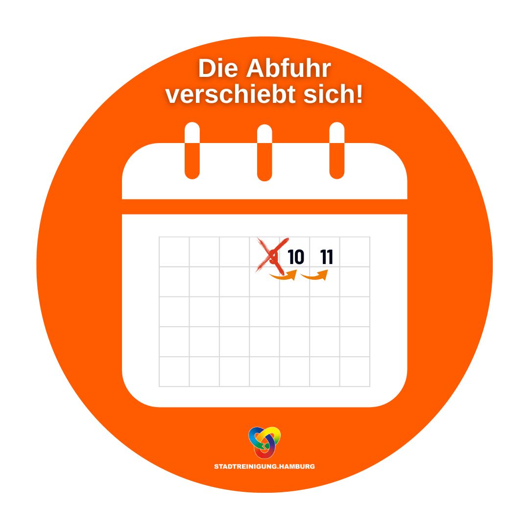 Am 9. Mai holt #TeamOrange keinen Müll in #Hamburg ab. Dadurch verschieben sich die Termine für die Abfuhr um einen Tag nach hinten. Einen persönlichen #Abfuhrkalender gibt es in unserer kostenlosen SRH-App oder auf unserer Website.