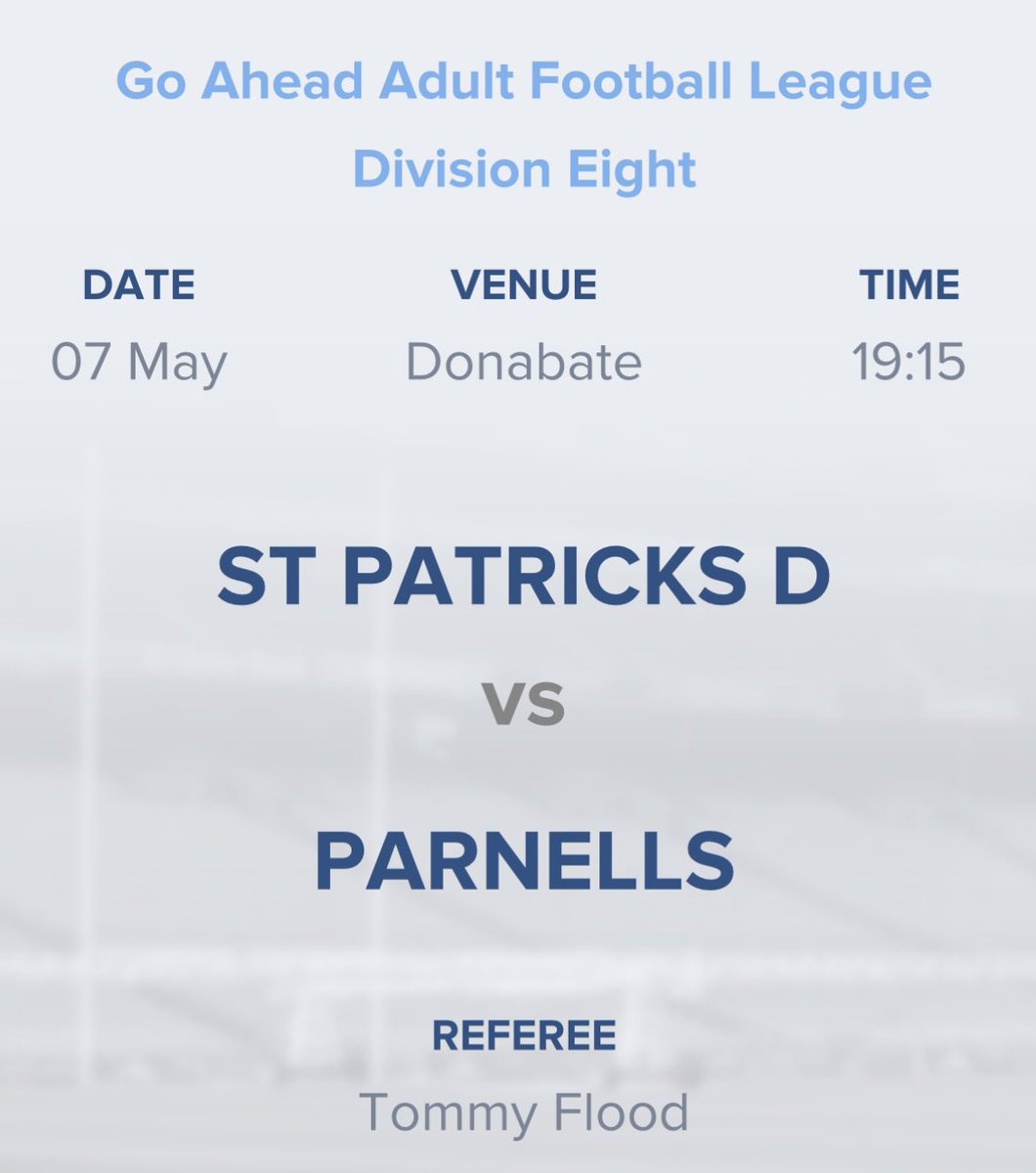 Adult Football League Division 8
St Pats Donabate v Parnells

📅 Tuesday May 7th
⏰ 7:15 pm
📍 Donabate

Best of luck to the players and mentors.
#upthenells