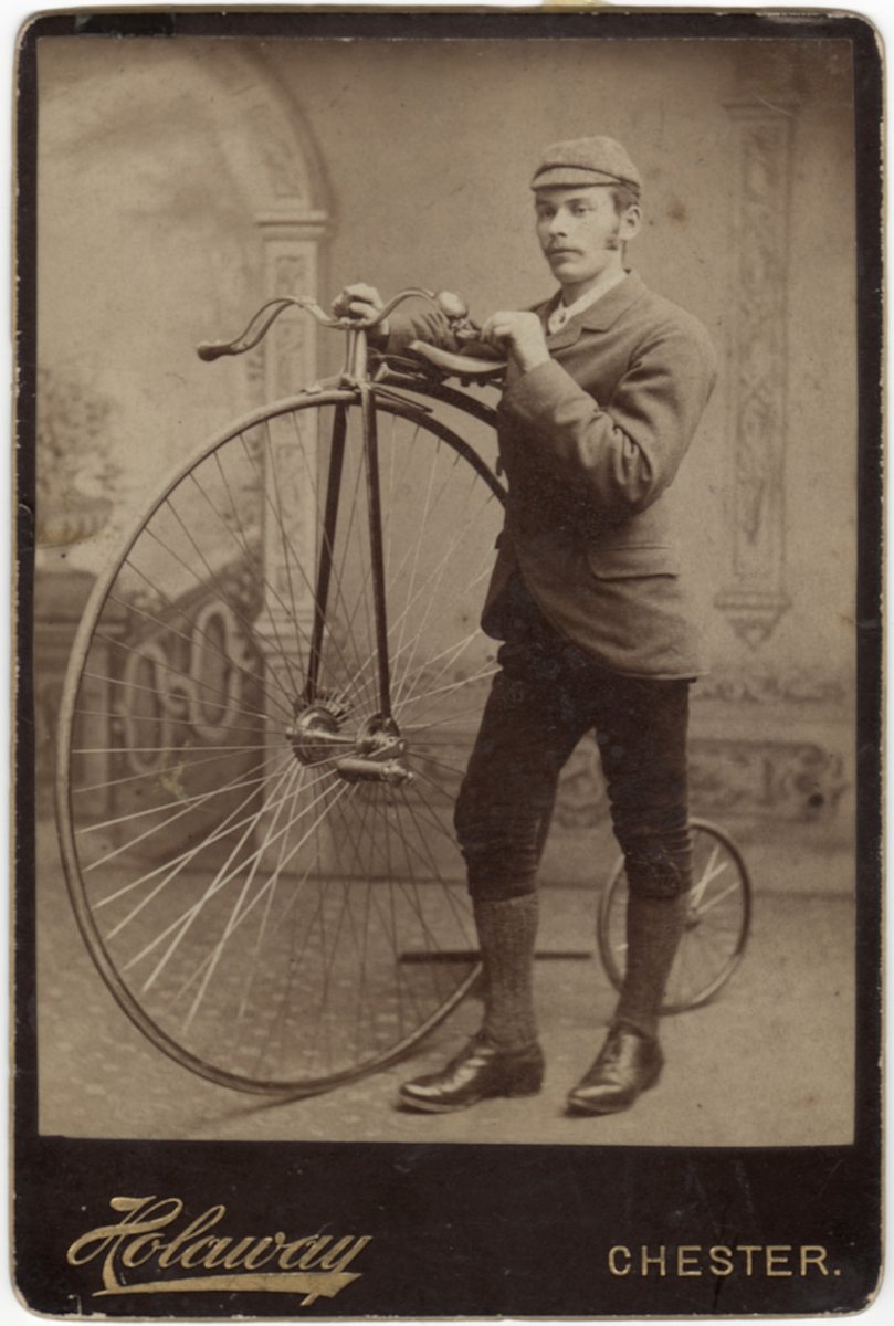 On #LostSockDay you could try wearing your socks over your trousers, where you can see them! Of course it’s much safer too, whilst riding your penny farthing! Pictured is Mr Job Hellun of Leeswood, Photographer: Holaway, Chester. (PH/33/56).