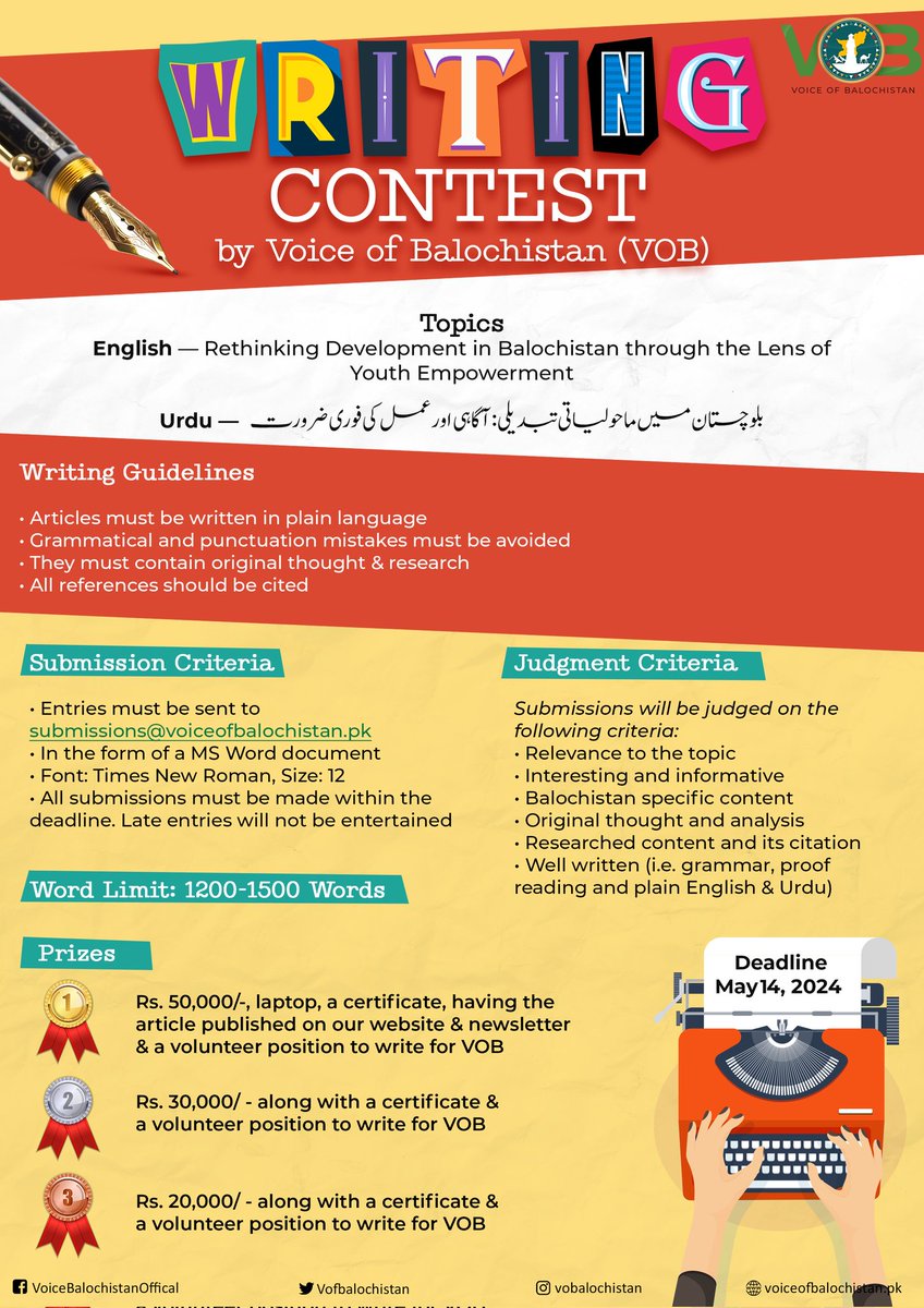 The deadline for our Writing Contest has been extended to May 14, 2024 on public demand. Keep writing! ✍🏼 #Balochistan #Pakistan