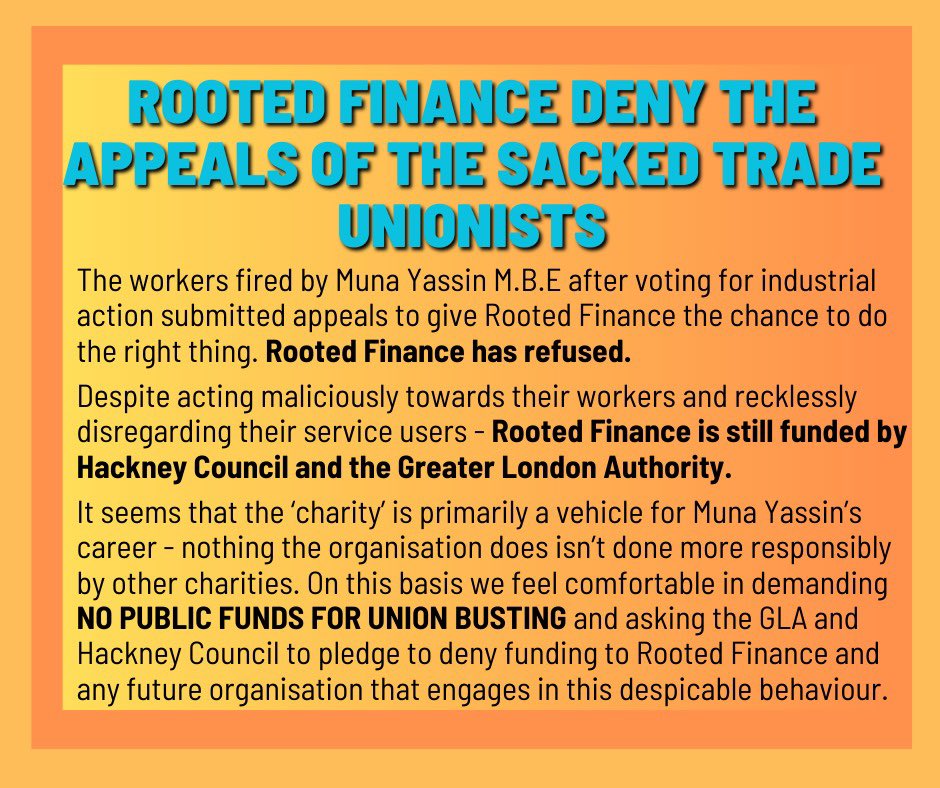 IWGB Charity Workers Branch (@iwgbcharity) on Twitter photo Earlier this year <a href="/RootedFinance/">Rooted Finance</a> fired 83% of their frontline staff after they attempted to unionise.
Fired workers appealed & Rooted France was given an opportunity to do the right thing.
Instead, they’ve decided to deny the appeals of the sacked trade union members. Earlier this year <a href="/RootedFinance/">Rooted Finance</a> fired 83% of their frontline staff after they attempted to unionise.
Fired workers appealed & Rooted France was given an opportunity to do the right thing.
Instead, they’ve decided to deny the appeals of the sacked trade union members.