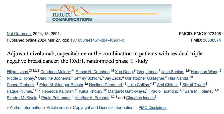 Out on @NatureComms The OXEL study, a phase II trial in patients with triple-negative #BreastCancer post-neoadjuvant therapy ➡️demonstrated: ✅Combination of nivolumab 🧪and capecitabine significantly increased 📈peripheral immunoscore compared to either agent alone…