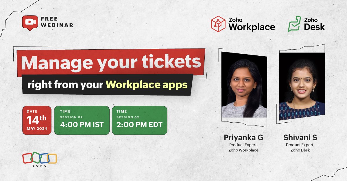Empower your customer success teams! 🤝
Join us in this #FreeWebinar and discover ways to deliver efficient support, manage your tickets, and so much more, right from Zoho Workplace! 😎

Claim your spot here 👉 zoho.to/MailDesk