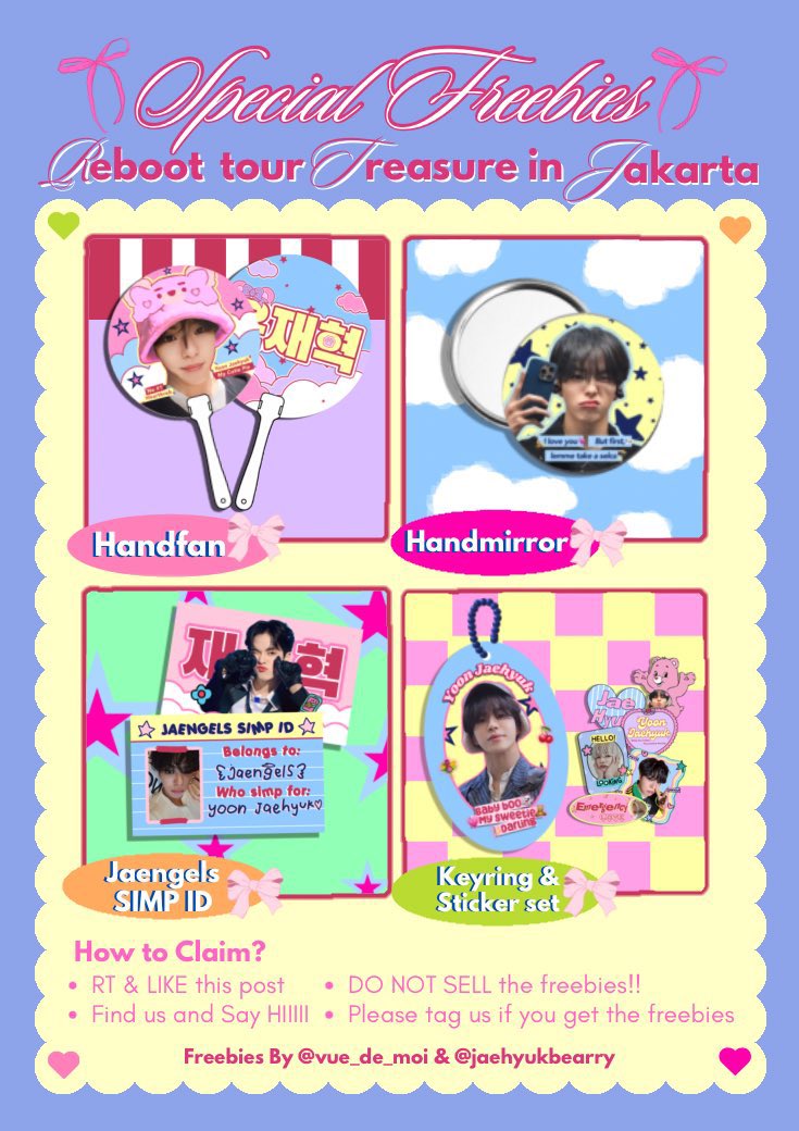 ꒰ིྀ special freebies for reboot tour treasure in jakarta ꒱ིྀ by @vue_de_moi  & @jaehyukbearry 💐

꣑୧ retweet & like are appreciated ✨
꣑୧ find us at the venue🌷
꣑୧ one set freebies for one person🎀
꣑୧ limited quantity🥹

 ꒰ིྀ see ya!🥰 ꒱ིྀ

#TREASURE_REBOOT_IN_JAKARTA