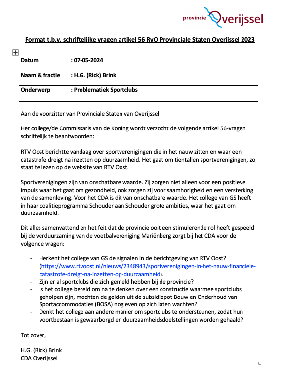 Verontrustende berichtgeving vanmorgen op de website van <a href="/rtvoost/">RTV Oost</a> ! Daarom zojuist namens <a href="/CDAOverijssel/">CDA Overijssel</a> de onderstaande schriftelijke vragen ingediend bij het college GS <a href="/ProvOverijssel/">Provincie Overijssel</a>