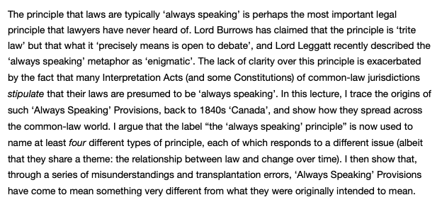 A more accessible do-over: I'm looking forward to talking with the Statute Law Society (@law_statute) next Wednesday at 6pm BST about the Curious Case of the Morphing 'Always Speaking' Provision. It is hybrid, and details of how to register are here. Here's a blurb. Come join us!