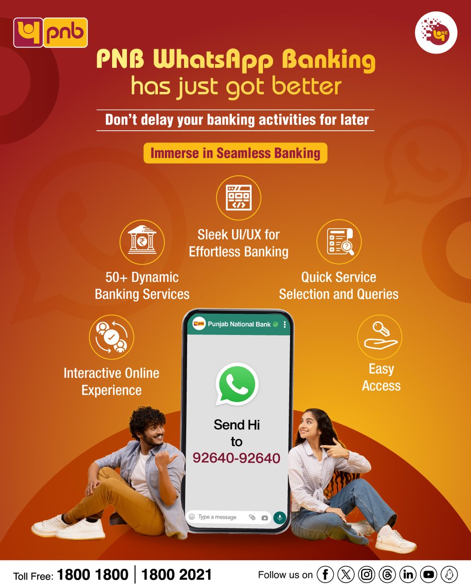 Check out the latest banking features on PNB WhatsApp Banking!

Tap pnbindia.in/Banking-Servic… for more info on WhatsApp Banking.

#WhatsappBanking #Banking #Whatsapp #MessageNow #PNB #Digital #better #new
