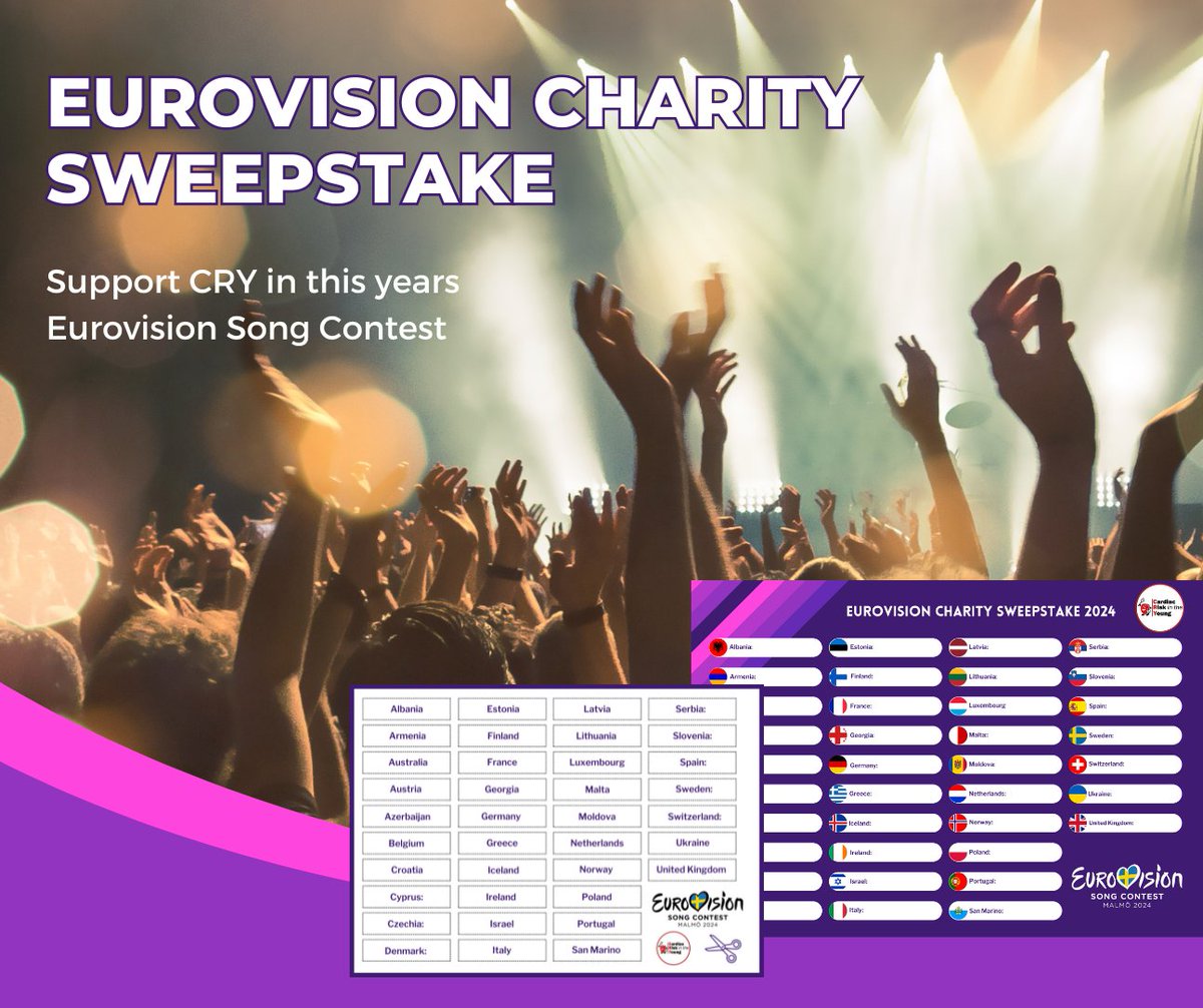 The 2024 Eurovision song contest starts tonight! If you are watching this years event, why not organise a charity sweepstake using the pack we have created here: c-r-y.org.uk/eurovision-cha…? Take part with colleagues, friends, or family & enjoy the show while fundraising for CRY!