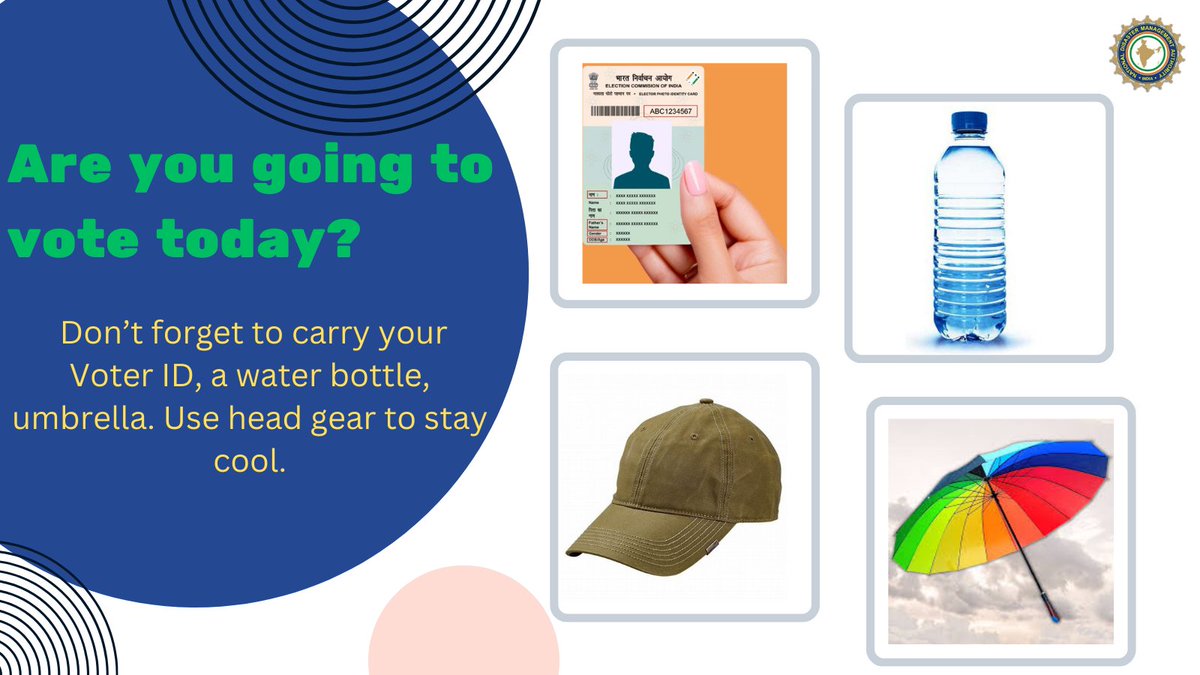 Are you going to vote today? Don’t forget to carry your Voter ID, a water bottle, umbrella. Wear headgear and stay cool. #ElectionDay #StaySafeVote #YourVoiceMatters #BeatTheHeat #EveryVoteCounts @ECISVEEP @MIB_India @PIB_India @DDIndialive @airnewsalerts @sdma_assam