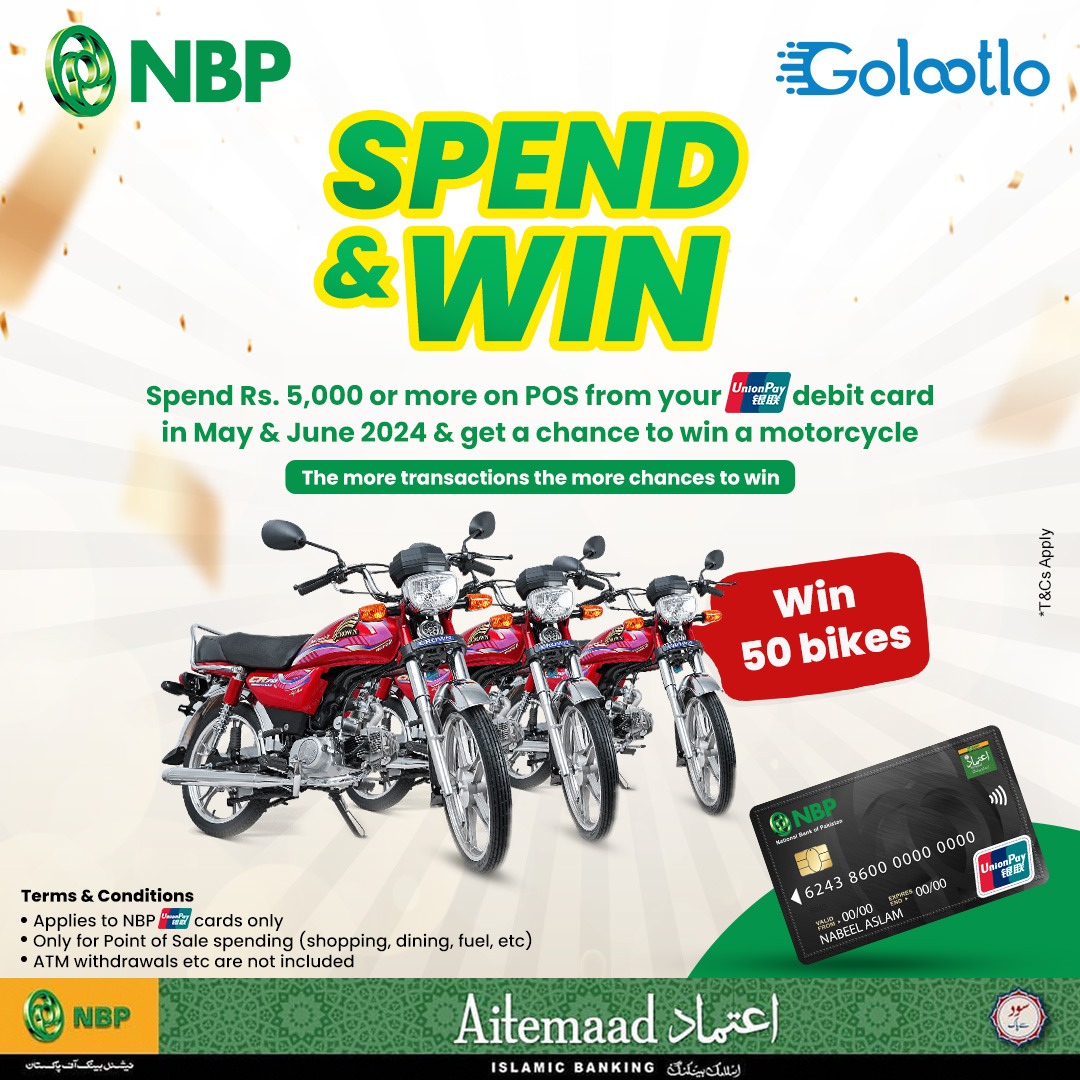 Now SPEND & WIN with NBP UPI Aitemaad Islamic Debit Card on POS during May & June 2024 to get a chance to win a motorcycle. Spend Rs. 5,000/- or more. More transactions, more chance to win a motorcycle. *Terms and Conditions Apply #NationalBankofPakistan #NBP #WinMotorcycle