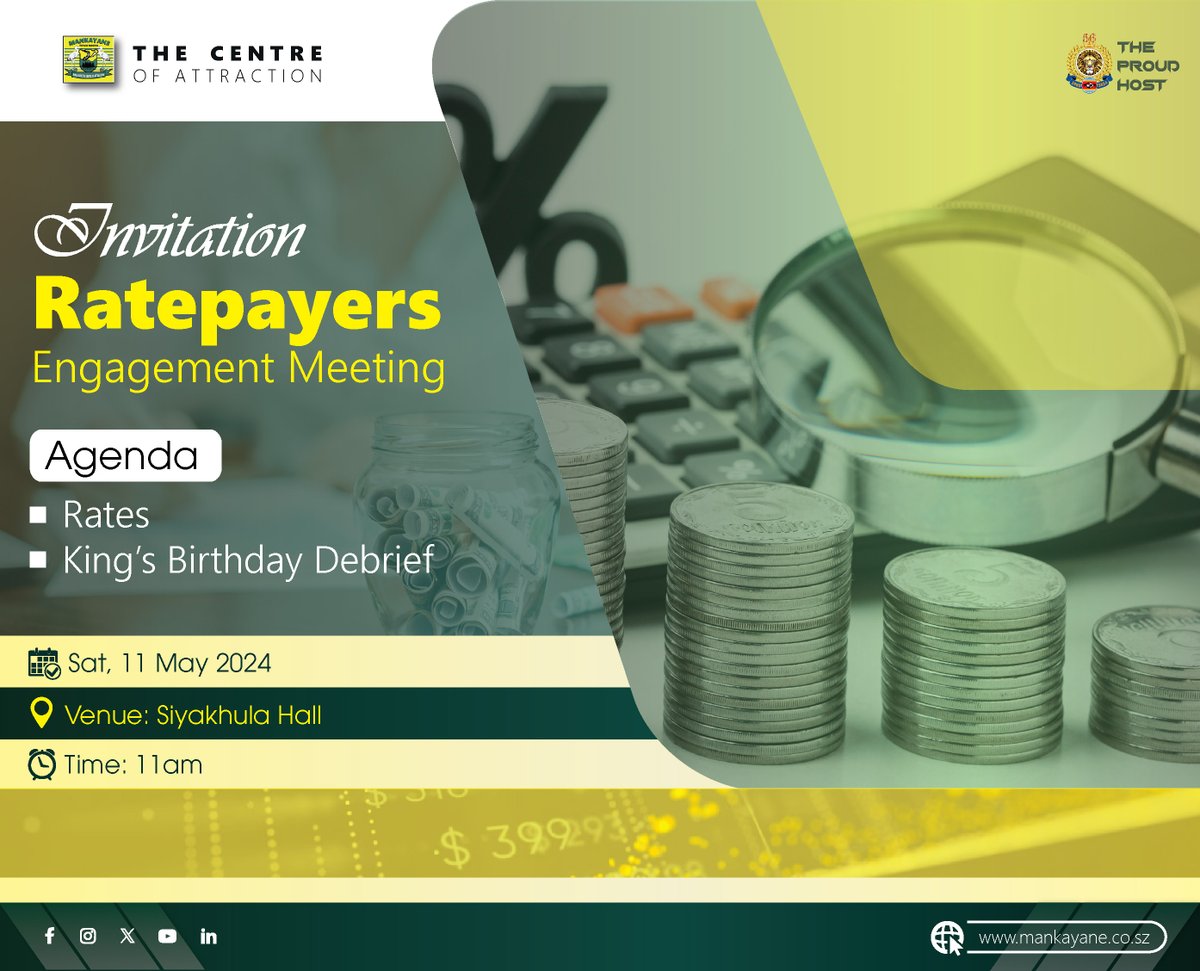 #mankayaneupdates
Mankayane Ratepayers are hereby invited to a stakeholder engagement meeting this coming Saturday, 11 May 2024.
#rates #StakeholderEngagement