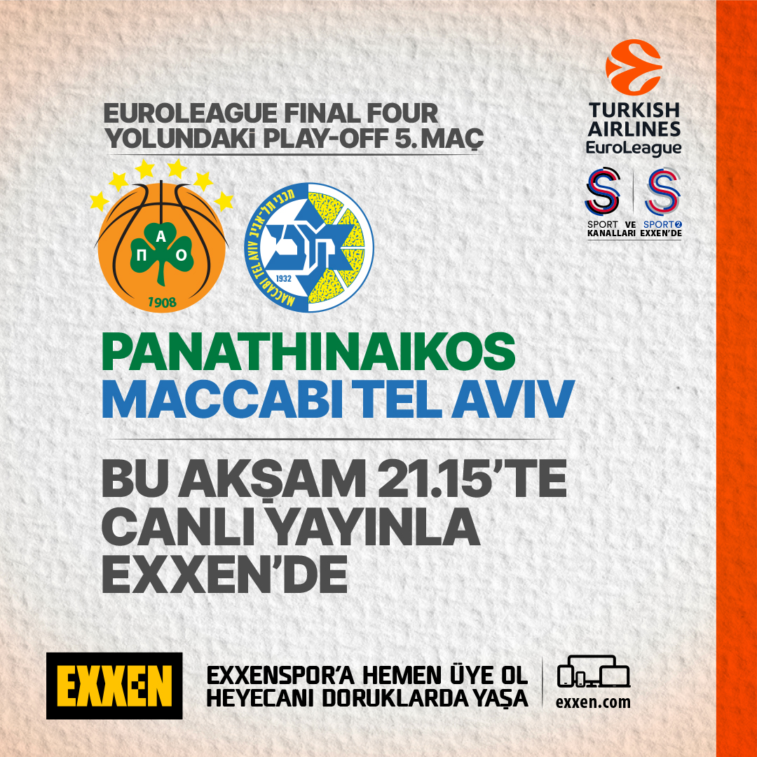 Turkish Airlines Euroleague Final Four yolundaki play-off 5. maçında, Panathinaikos-Maccabi Tel Aviv karşı karşıya geliyor. Bu dev maç, bu akşam 21.15’te S Sport’tan canlı yayınla Exxen’de. Hemen exxen.com’a gir, Exxenspor’a hemen üye ol, eğlenceyi ve heyecanı…