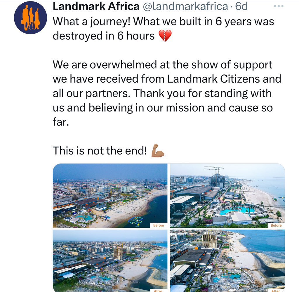 @ruffydfire @landmarkafrica In a surprising turn of events, Landmark Africa has announced that they are resuming operations, contradicting earlier reports of their beach resort's demolition. Just days ago,