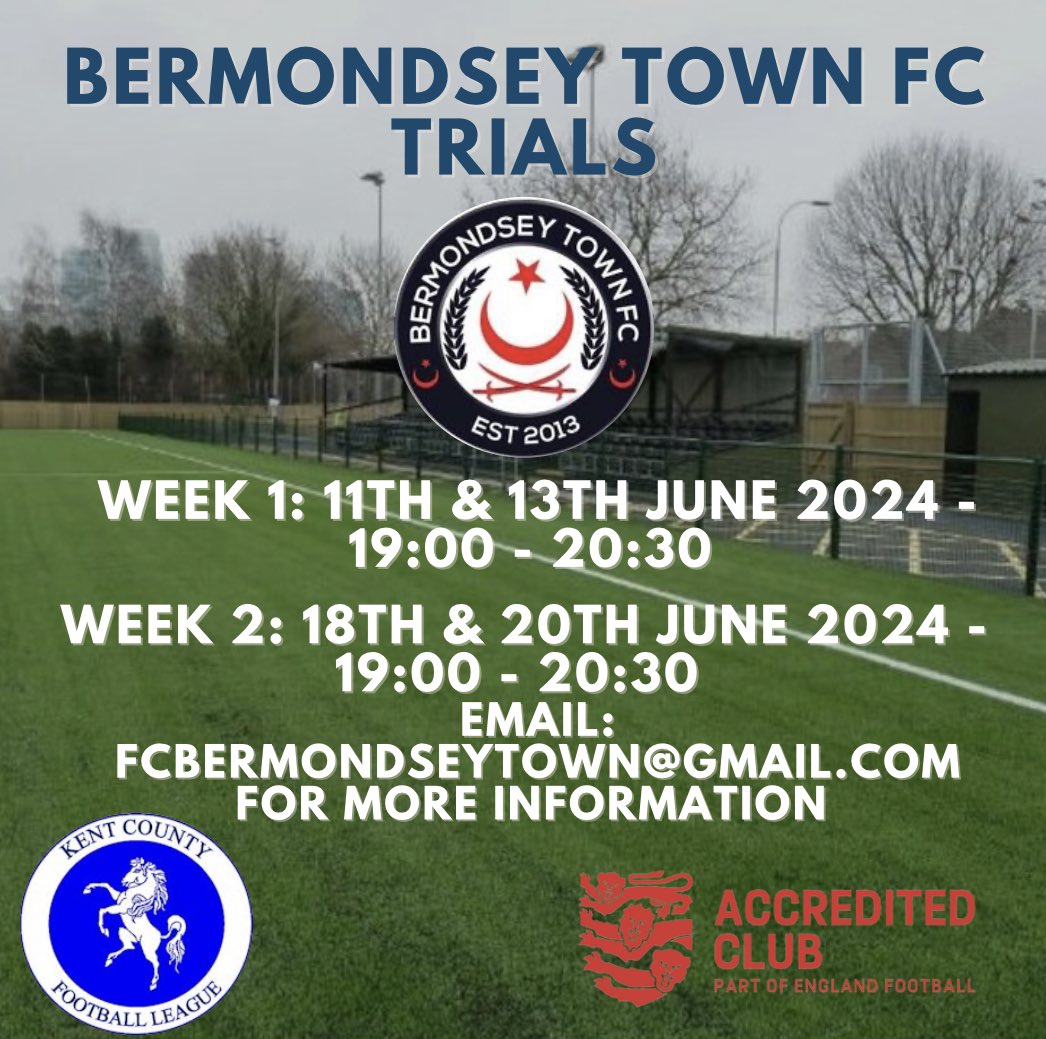 📣 Bermondsey Town Football Club are excited to announce dates for our trials for the upcoming 2024/25 campaign! 📧 Please email for more information/registration.