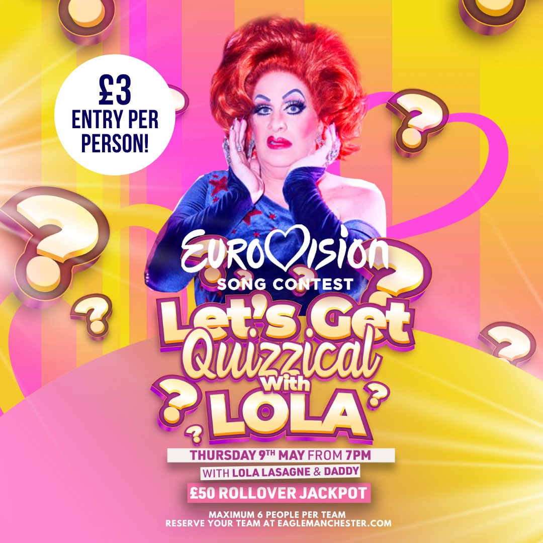 It’s Eurovision week! And @misslolalasagne got a special “Let’s Get Quizzical” Eurovision Edition! So make sure you get your tables booked at our website for your chance WIN everyone’s favourite prize a bottle of Eagle Poppers 😉