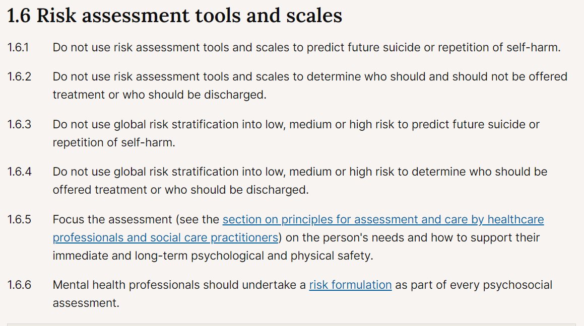 The 2022 NICE guidelines specify that risk assessment tools and scales should not be used to predict future suicide or repetition of self-harm. nice.org.uk/guidance/ng225… #NCISH2024