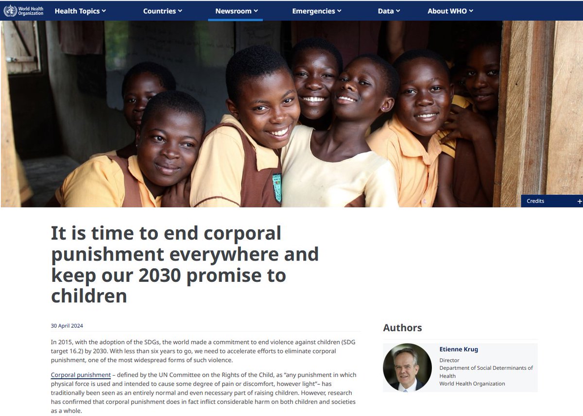 'It is time to end corporal punishment everywhere and keep our 2030 promise to children'

@etiennekrug Director of @WHO Dept of Social Determinants of Health argues that action to #endcorporalpunishment is an urgent preventative public health priority

who.int/news-room/comm…