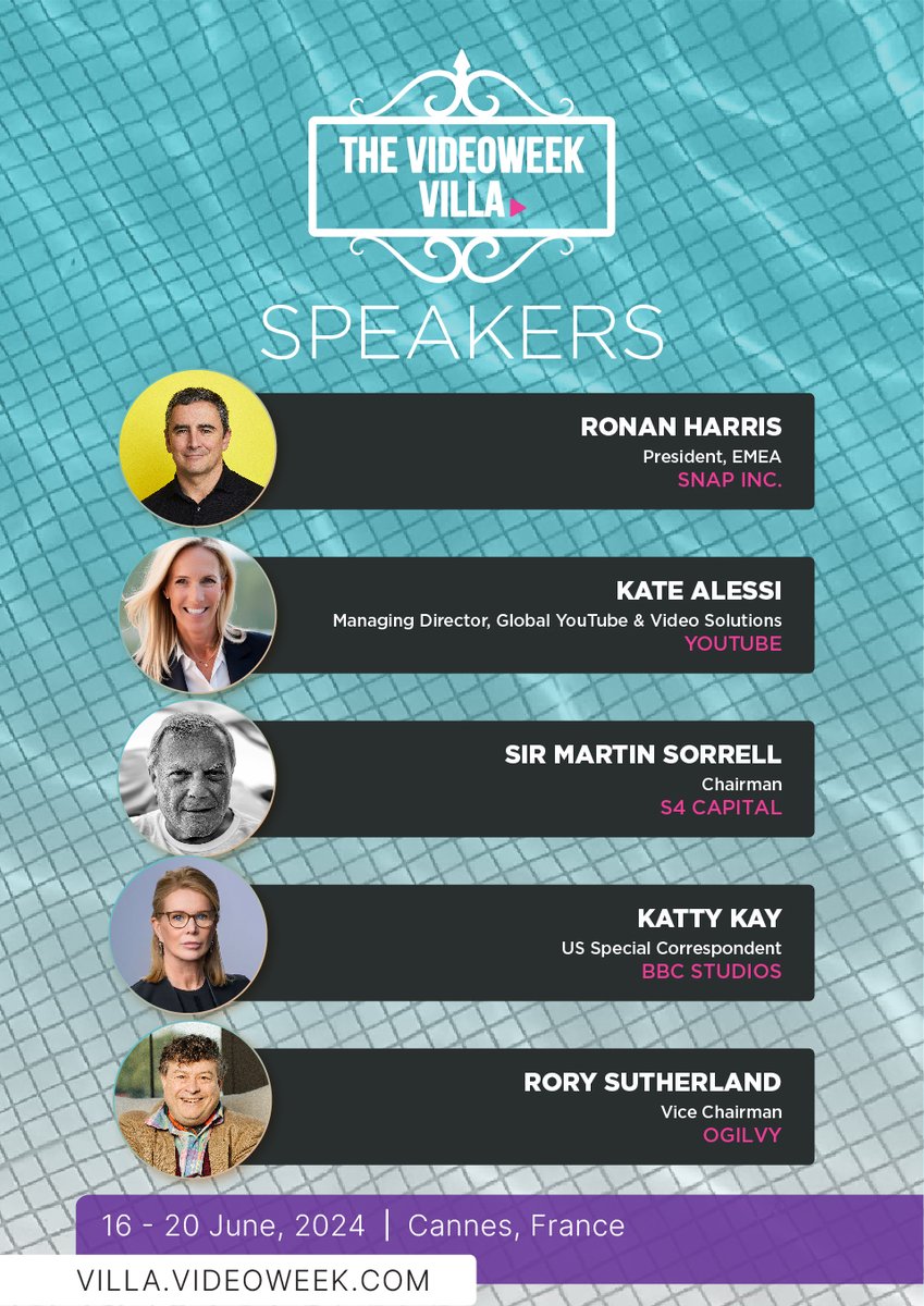 We are delighted to announce some of our featured speakers at the VideoWeek Villa.
- @RonanHarris, @Snap
- Kate Alessi, @YouTube
- @martinsorrell, S4 Capital
- @KattyKay_, @bbcstudios
- @rorysutherland, @Ogilvy

You can get in touch below:
villa.videoweek.com

 #VWVilla24