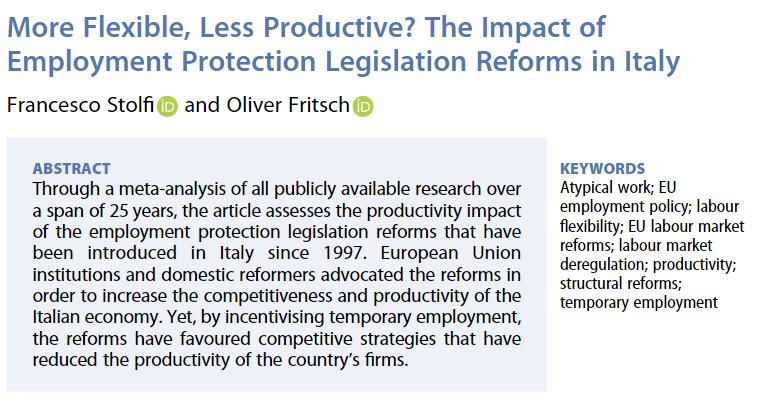 📢In our #NewIssue!📢🇮🇹 ‘More Flexible, Less Productive? The Impact of Employment Protection Legislation Reforms in Italy’ by @FrancescoStolf4 & Oliver Fritsch Read it here 👇 tandfonline.com/doi/full/10.10…