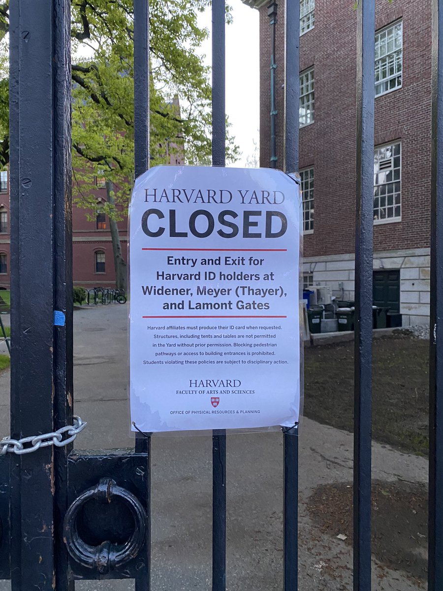 At @Harvard, students remain camped out this morning despite ramped up pressure from the university, including threats of disciplinary action. Harvard Yard is still closed to non university affiliates.