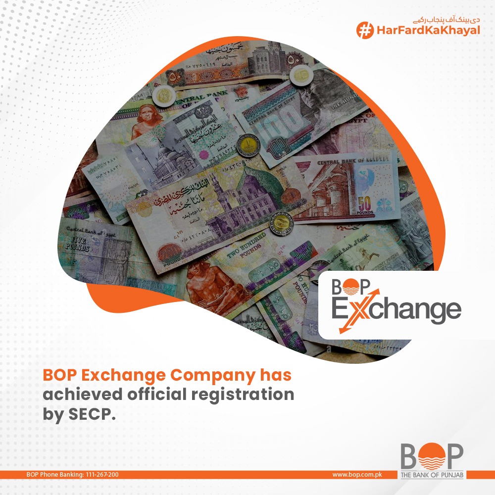 BOP Exchange Company is now officially registered by @SECPakistan! 

This milestone marks our commitment to excellence and compliance. Get ready for a secure, reliable, and innovative financial platform. 

Stay tuned for updates!

#TheBankOfPunjab #HarFardKaKhayal #BOPExchange