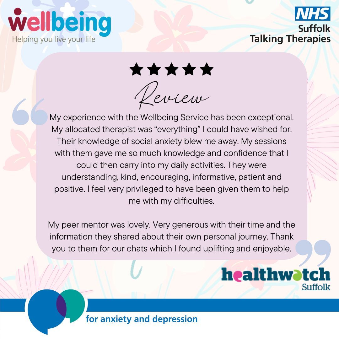 We're pleased to share this amazing piece of feedback about our one to one and Peer Mentor support kindly left on our page at Healthwatch Suffolk. Peer Mentor support: wellbeingnands.co.uk/suffolk/get-su… Visit wellbeingnands.co.uk or call us on 0300 123 1503 (Monday - Friday 8am - 6pm)