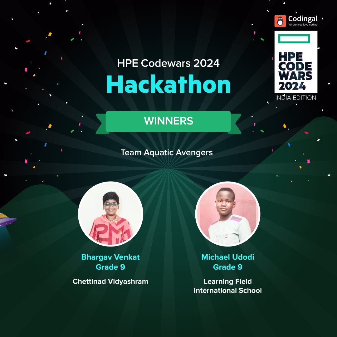 codingal's tweet image. 📷 Congratulations to the Winner of HPE CodeWars- Hackathon 2024! 📷
We extend our heartfelt greetings to Bhargav Venkat and Michael Udodi from the team Aquatic Avengers.
#hpecodewars2024  #codinghackathon #codingforkids #codingal #hackathonwinners