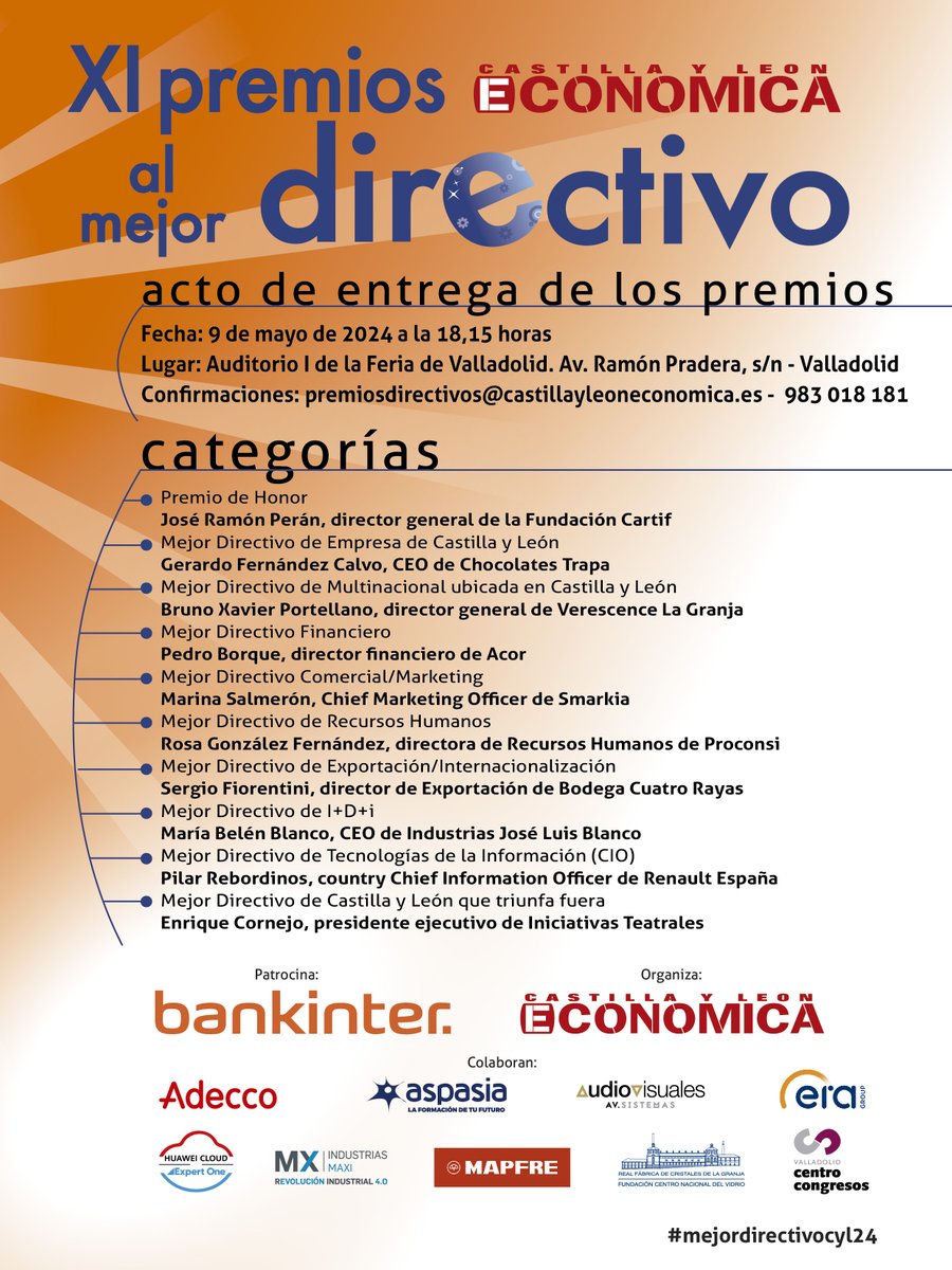 CyL Económica (@cyleconomica) on Twitter photo ESTE JUEVES se entregan #Premios #mejordirectivocyl24 ow.ly/GXH150RmUCw <a href="/Bankinter/">Bankinter</a> <a href="/adecco_es/">Adecco</a> <a href="/GrupoAspasia/">Grupo Aspasia</a> <a href="/avsistemasav/">AV Sistemas</a> <a href="/EuropeanERA/">ERA Group - Europe</a> <a href="/HuaweiCloud1/">Huawei Cloud</a> <a href="/Expert_One_/">Expert One</a> <a href="/INDUSTRIASMAXI/">INDUSTRIAS MAXI</a> <a href="/MAPFRE_ES/">MAPFRE España</a> <a href="/realfacristales/">Real Fábrica de Cristales</a> <a href="/feriavalladolid/">Feria de Valladolid</a> <a href="/LorenzoAlonso3/">Lorenzo Alonso</a> <a href="/JoseJ_Nieto/">Jose J. Nieto</a> <a href="/manuelvl/">Manuel A. Velázquez</a> ESTE JUEVES se entregan #Premios #mejordirectivocyl24 ow.ly/GXH150RmUCw <a href="/Bankinter/">Bankinter</a> <a href="/adecco_es/">Adecco</a> <a href="/GrupoAspasia/">Grupo Aspasia</a> <a href="/avsistemasav/">AV Sistemas</a> <a href="/EuropeanERA/">ERA Group - Europe</a> <a href="/HuaweiCloud1/">Huawei Cloud</a> <a href="/Expert_One_/">Expert One</a> <a href="/INDUSTRIASMAXI/">INDUSTRIAS MAXI</a> <a href="/MAPFRE_ES/">MAPFRE España</a> <a href="/realfacristales/">Real Fábrica de Cristales</a> <a href="/feriavalladolid/">Feria de Valladolid</a> <a href="/LorenzoAlonso3/">Lorenzo Alonso</a> <a href="/JoseJ_Nieto/">Jose J. Nieto</a> <a href="/manuelvl/">Manuel A. Velázquez</a>