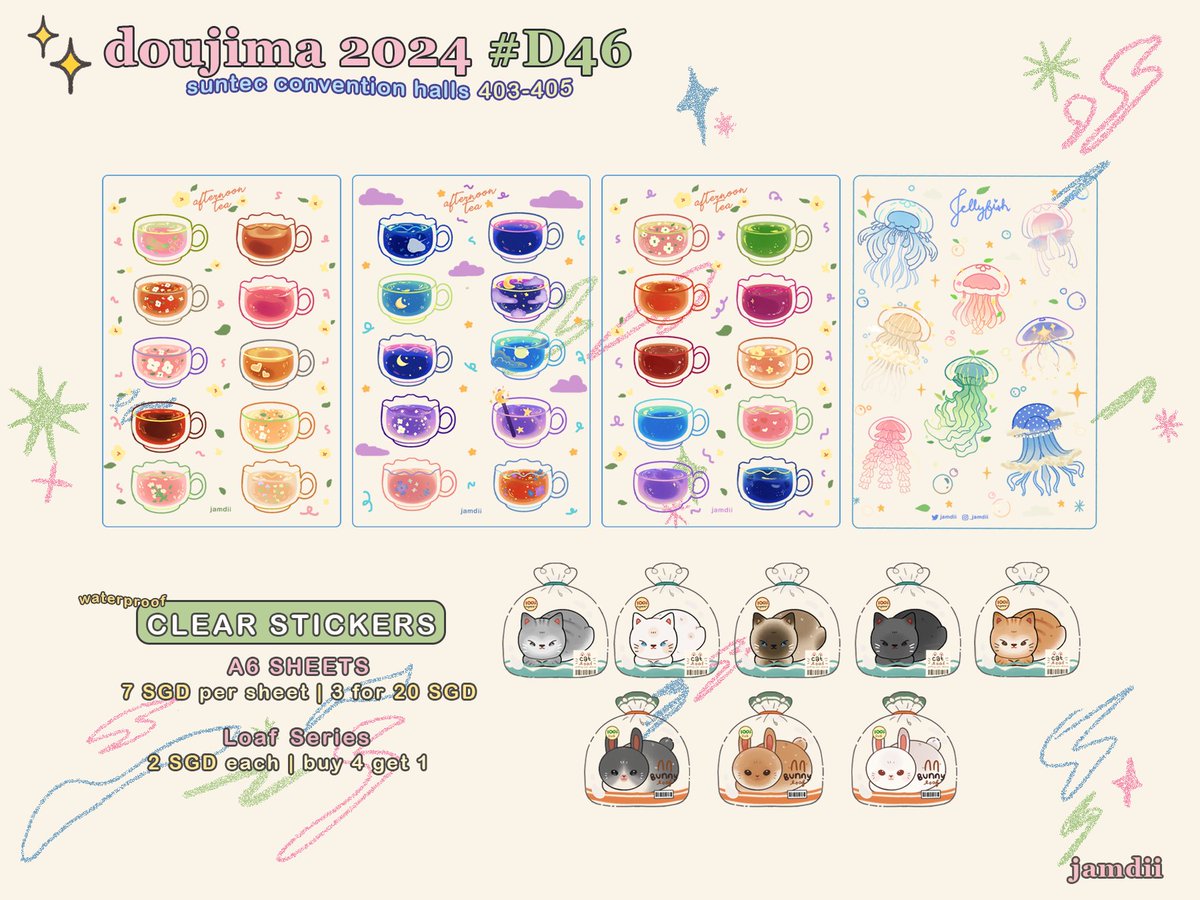 {RTs 🩷} My Doujima catalog!! My first international market yippee~ so excited to go! 🌸 I'll be tabling with my sister and friends, we'll be at D45-46 🌷@aeriuu @ktsudon_ @Arumikat Hope you can drop by! (1/2) Jewelry will be in a diff. post 😊 ~ #doujimasg #doujima2024