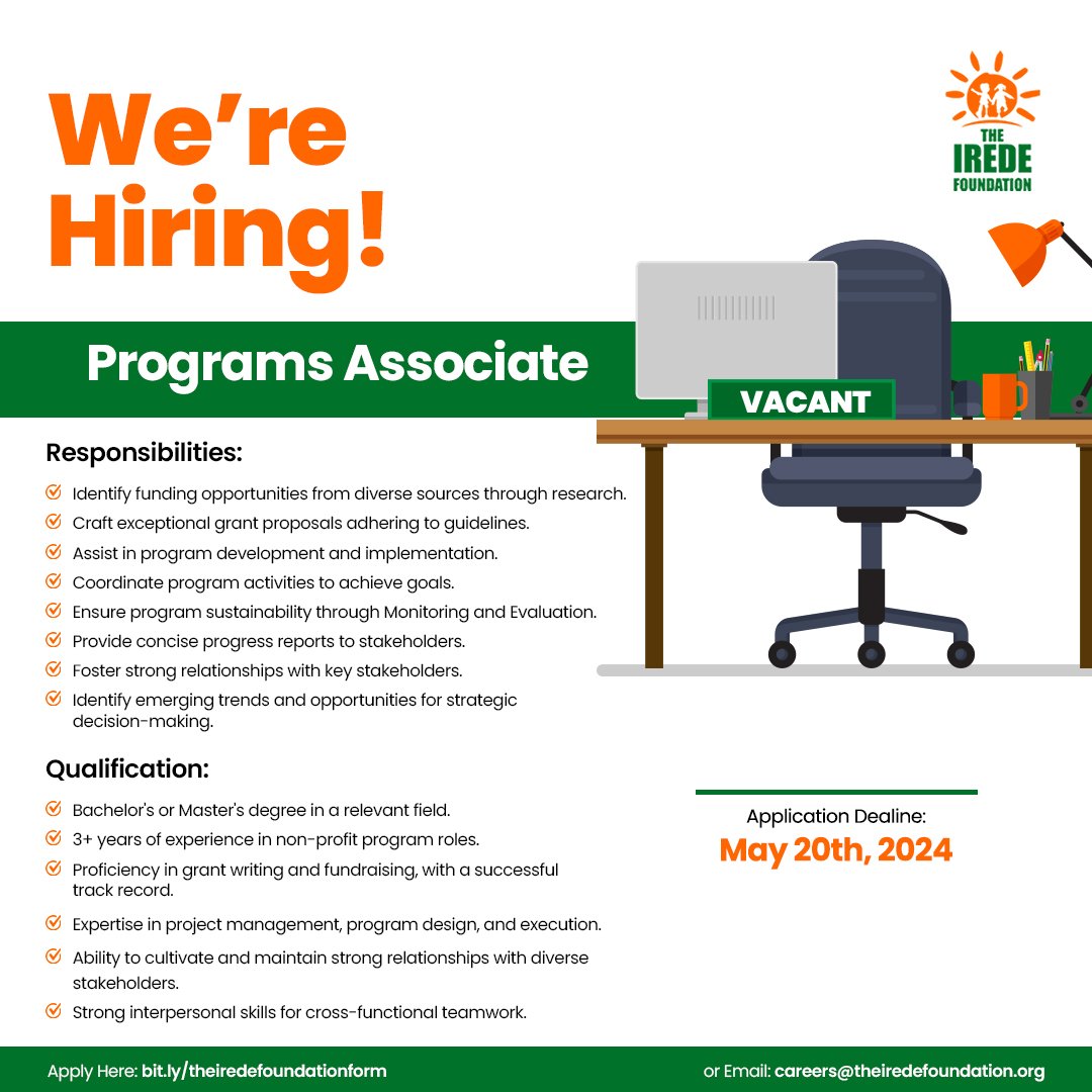 VACANCY! VACANCY!! VACANCY!!!

We are hiring for the role of Programs Associate.

Do you possess the skillset required to ace this role? APPLY NOW via: forms.gle/j1CBdkjVqU7zPp…

Application closes on the 20th of May, 2024.

#TheIREDEFoundation #disabilityadvocate
 #JobOpportunity