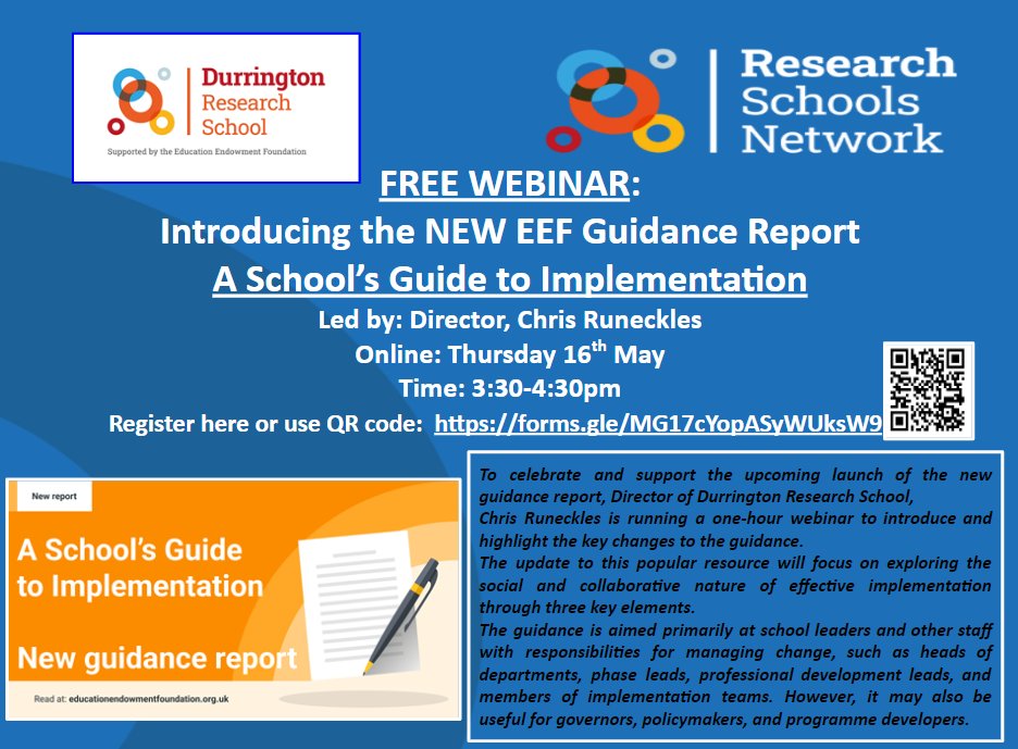 Free Webinar: A School's Guide to Implementation📗 Join @DurringResearch director @chris_runeckles on 16 May at 3:30-4:30pm This one-hour webinar will introduce the new edition & highlight key changes of the popular guidance report! Sign-up today: forms.gle/tycF8TM7vLxA2t…