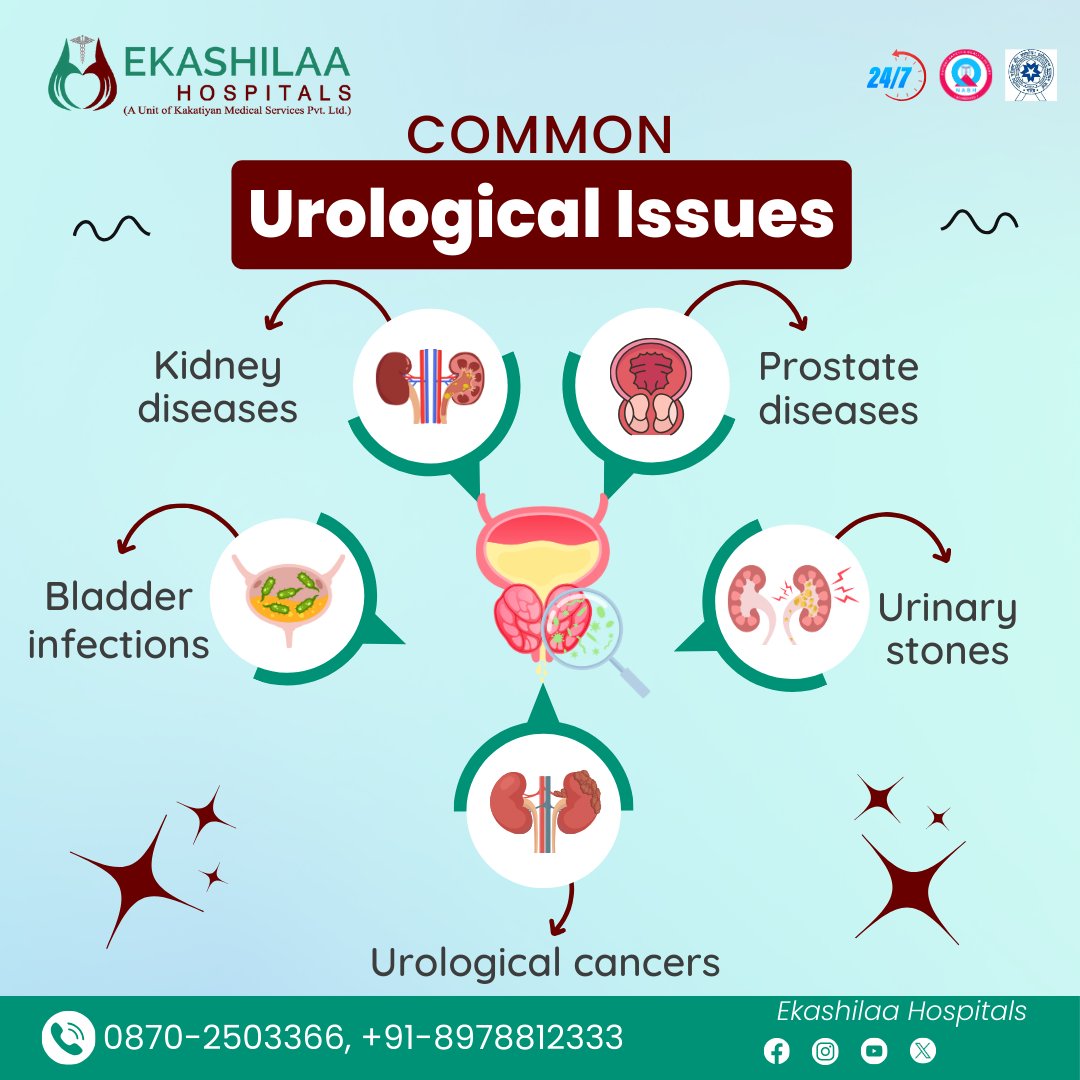 Awareness is key to health! Here are
some common urological issues everyone should know
about:
- Kidney diseases
- Prostate diseases
- Bladder infections
- Urinary stones
- Urological cancers

#ekashilaahospital #warangal #kidneydisease
#prostatediseases #bladderinfections