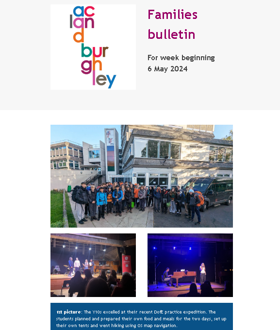 The latest issue of the Families bulletin includes Summer extra-curricular clubs, canteen changes and a Live at the Hex #4 invite for this Friday, 10 May: mailchi.mp/547f68c310dd/t…