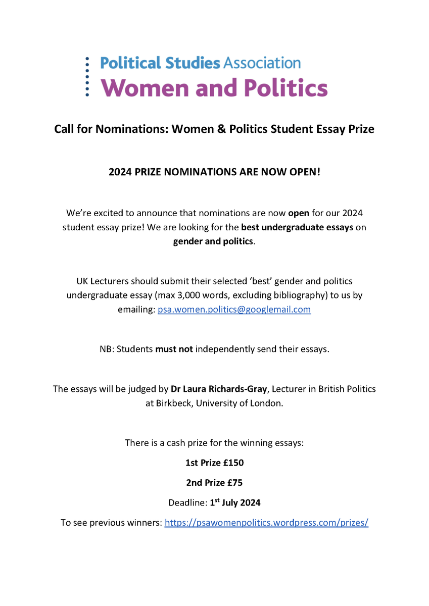 📢We’re excited to announce that nominations are now open for our 2024 student essay prize✨ We're looking for the best undergraduate essays on gender and politics. UK lecturers should submit their selected essay to psa.women.politics@googlemail.com Deadline: Mon 1st July 2024