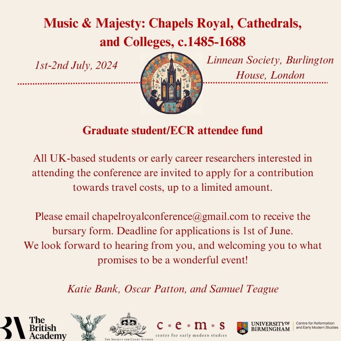 We are pleased to be able to help contribute travel bursaries for ECR/students/Unwaged so please do apply!! If you’re interested in coming email chapelroyalconference@gmail.com